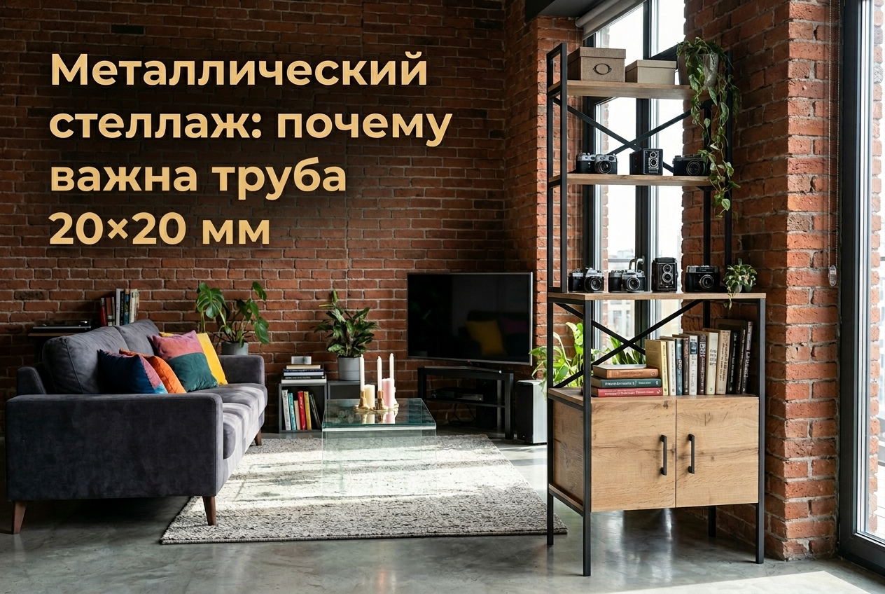 Металлический стеллаж с каркасом из профильной трубы 20 на 20 мм
