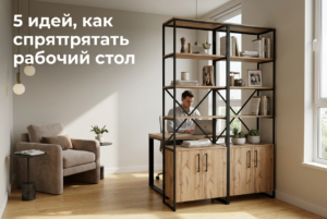 Письменный стол с тумбой и стеллажом встроенный в интерьер для маскировки рабочей зоны